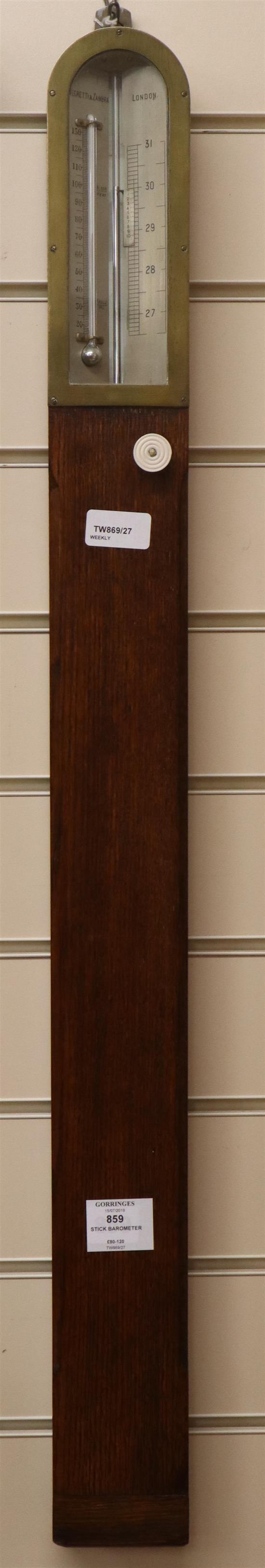 A late Victorian Miners stick barometer by Negretti & Zambra, London, in plain chamfered oak case with silvered scales H.90cm
